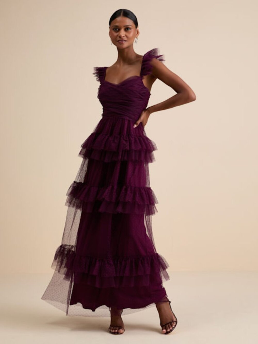 Lulus Pure Radiance Plum Purple Mesh Swiss Dot Tiered Maxi Dress - Size S